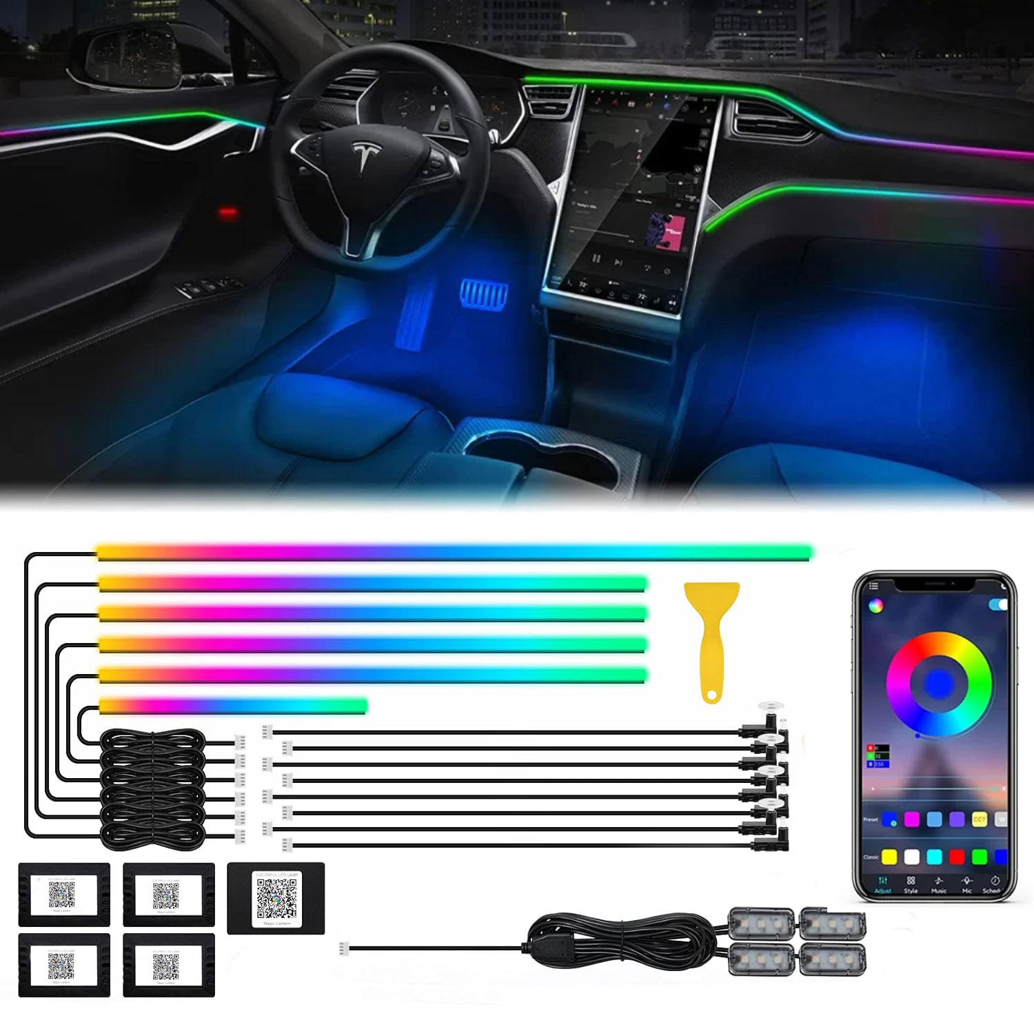 نيون إضاءة داخلية محيطية للسيا - مراجعة Led Ambient Interior Car Lights App Control وسعره